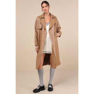 Lulus Seasonally Posh Tan Vegan Leather Trench Coat Brown - Size XS